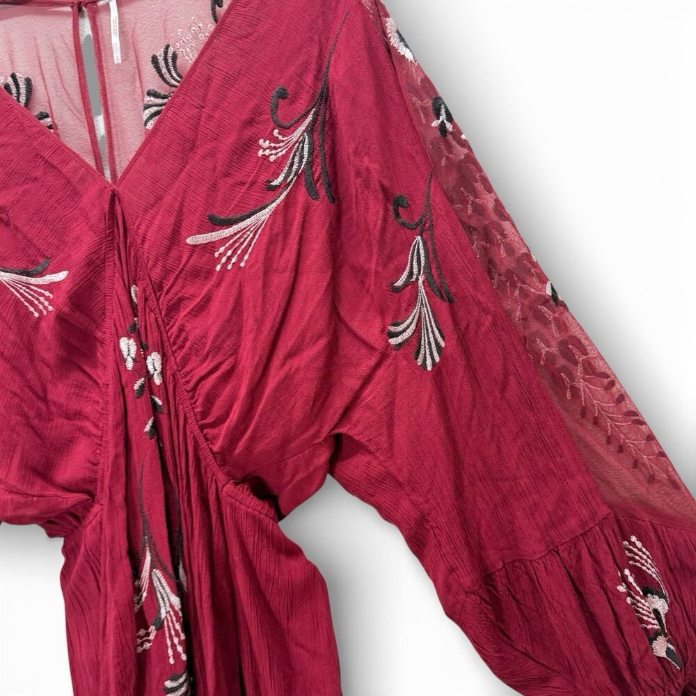 Free People Bonjour Mini Dress Size L Red Embroidered Floral Ballon Flowy Boho - Picture 7 of 15